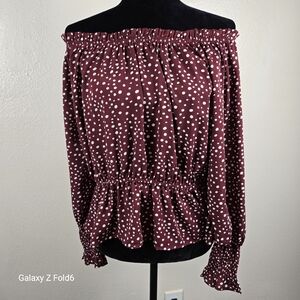 COZY CASUAL Maroon White Polka Dot Off Shoulder Peplum Blouse Top L‎ Fall
